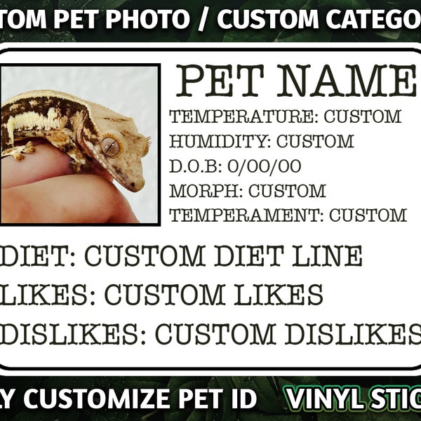 Pet Crested Gecko Lizard personalized customized photo and words Pet ID vinyl STICKER decal waterproof 3" OR bigger - morph etc Reptile Tank