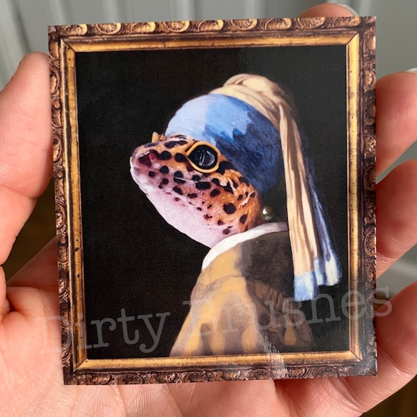 Leopard Gecko portrait picture painting pearl earring frame tank sticker pet reptile lizard / decal vinyl waterproof tank decor - NOT AI