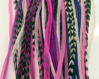 Feather Hair Extensions, 100% Real Rooster Feathers, Long Pink,Purple, Grizzly Colors, 20 Feathers with 20 Silicone Microlinks and loop tool