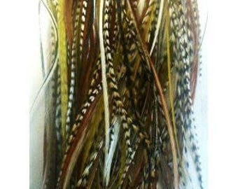 5"-6" Natural Browns & Olive Mix 5 Feathers for hair bonded feathers (one Extension)