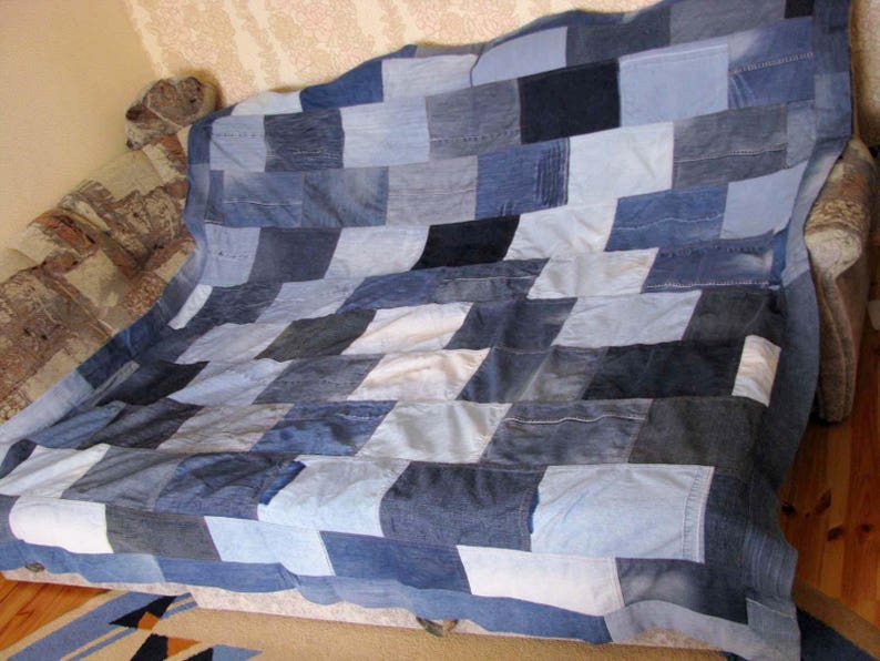 Recycled Heavy Denim Quilt Blanket Flannel Lined Handmade Etsy