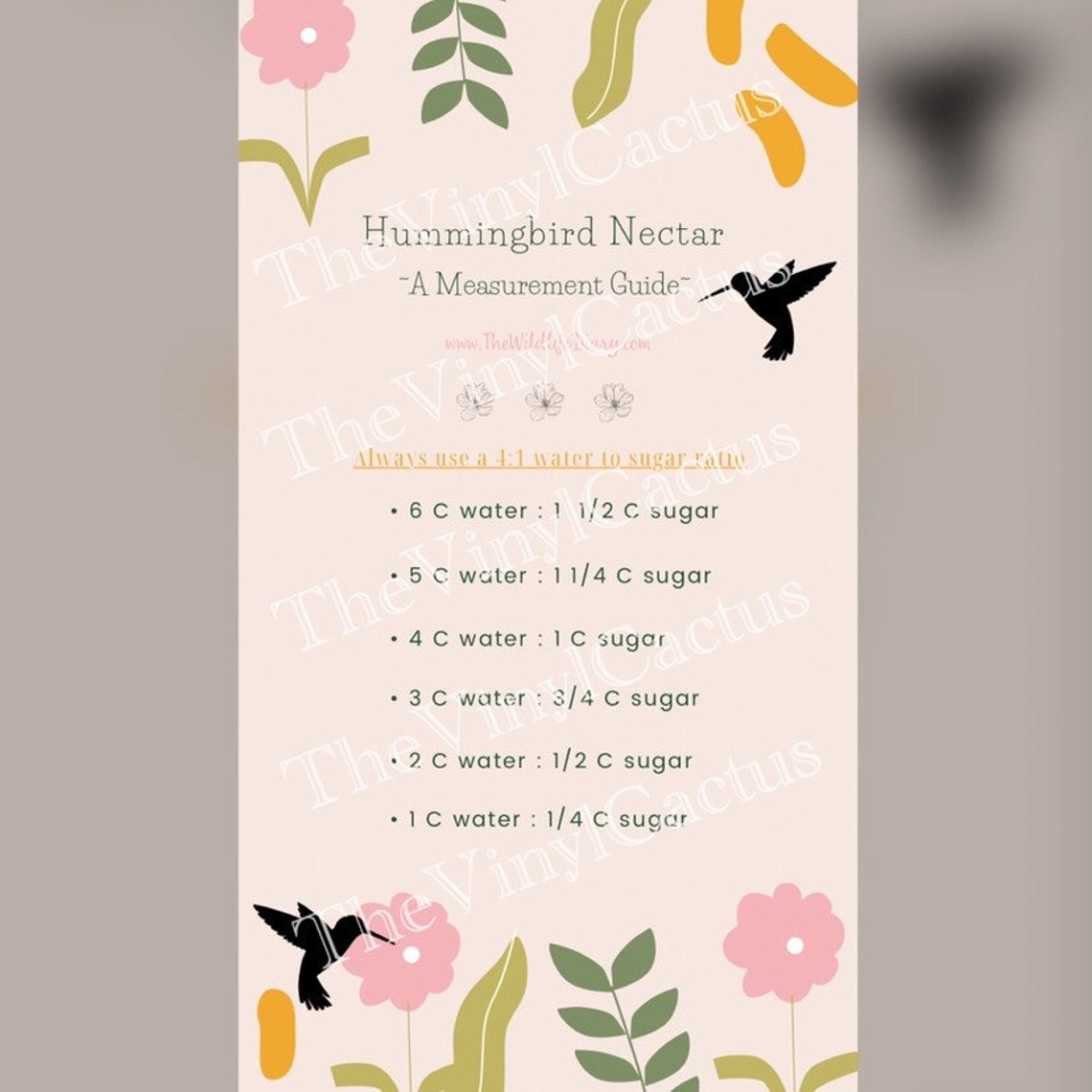 Hummingbird Nectar Measurement Guide Printable PDF Etsy