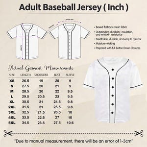 The image is a detailed diagram of an adult baseball jersey, including measurements and a labeled diagram of the jersey.
