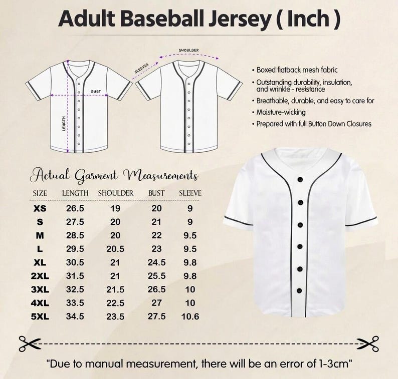 The image is a detailed diagram of an adult baseball jersey, including measurements and a labeled diagram of the jersey.