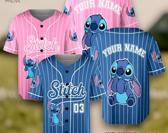 Personalized Stitch Baseball Jersey, Custom Lilo and Stitch Jersey Shirt, Kids Adult Disney Stitch Gift, Cute Pink Blue Pinstripe Baseball