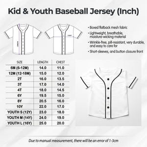 The image is a size chart for a kid and youth baseball jersey, showing the measurements for different age groups.