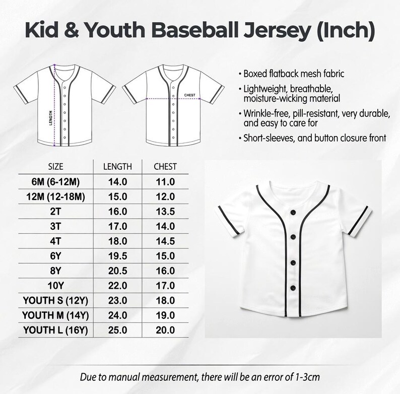 The image is a size chart for a kid and youth baseball jersey, showing the measurements for different age groups.