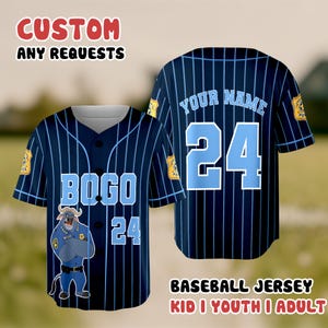 A baseball jersey with a cartoon character on the front and the number 24 on the back. The jersey has a custom request feature, allowing users to add their name and number.
