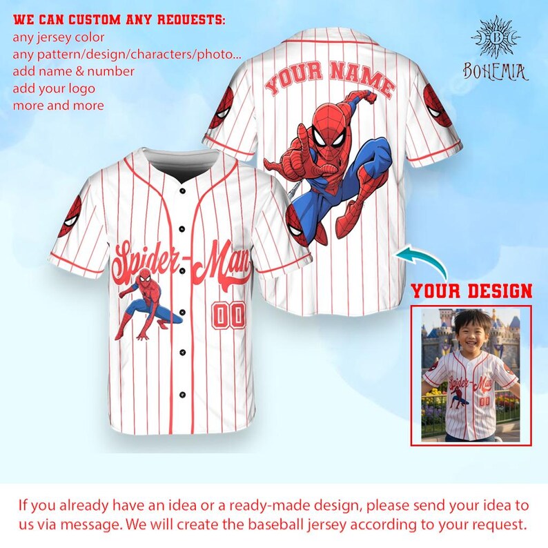 The image is a promotional image for a customizable baseball jersey. It features a Spider-Man character on the front and back, along with a message encouraging customers to send their design ideas to the company via a message. The company will create a baseball jersey according to the customer's request.