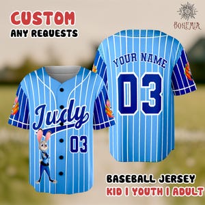 A baseball jersey with a cartoon rabbit character on the front, featuring the text "JUDDY 03" and "BASEBALL JERSEY KID I YOUTH I ADULT".