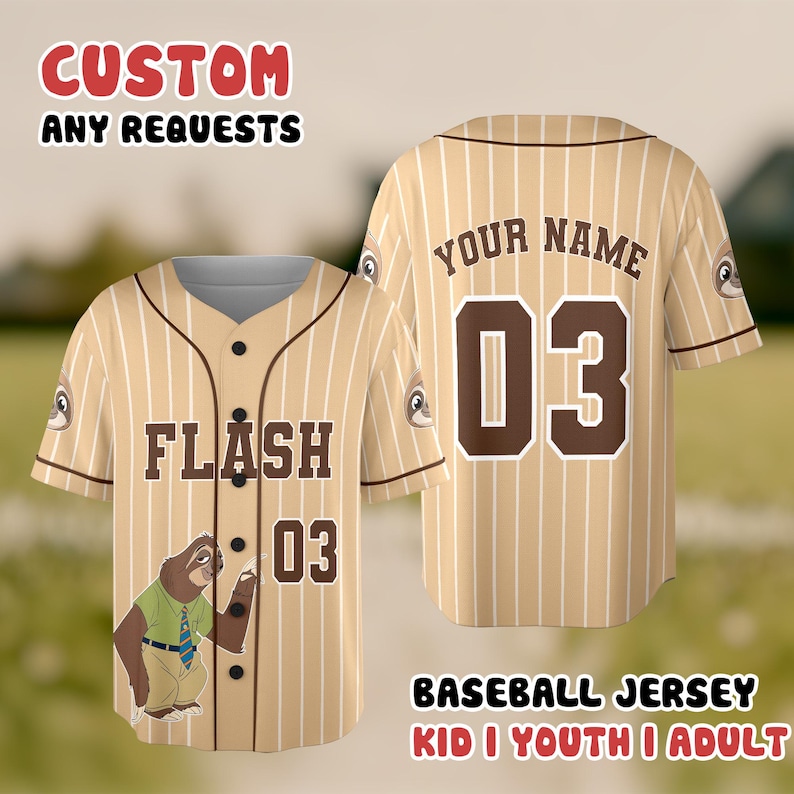 A baseball jersey with a sloth character on the front and back, along with the text "FLASH 03" and "YOUR NAME 03" printed on it.