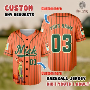 Custom baseball jersey with a cartoon character on the front and a personalized name and number on the back.