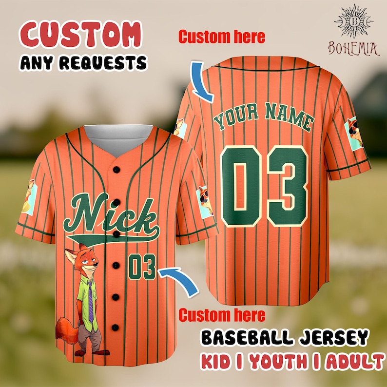 Custom baseball jersey with a cartoon character on the front and a personalized name and number on the back.