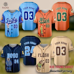 a collection of baseball jerseys, each with unique designs and names.