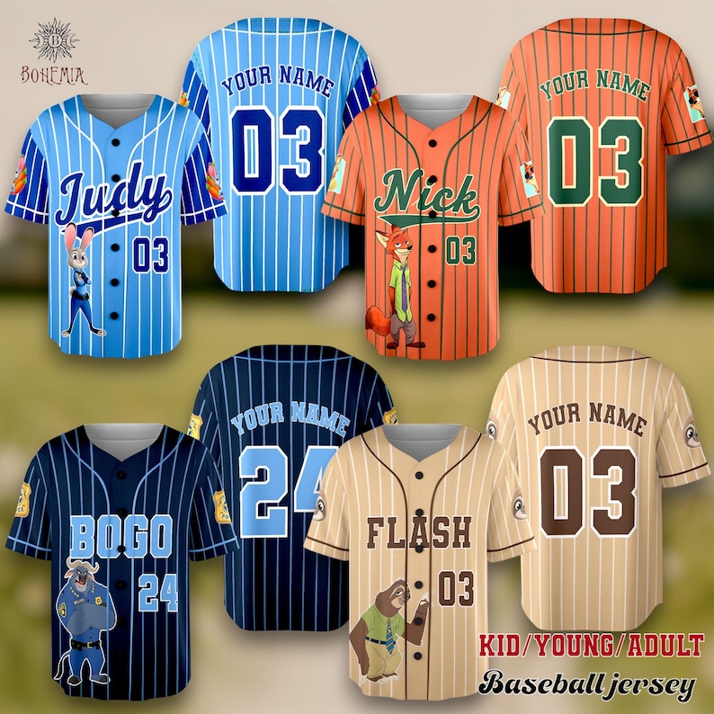 a collection of baseball jerseys, each with unique designs and names.