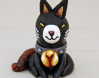 Small Fimo Sculpture - Black Cat With Golden Bell