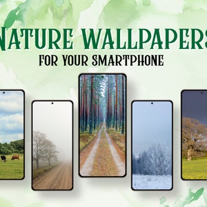 Puede incluir: Cinco fondos de pantalla para teléfono con temática de naturaleza, que muestran una variedad de paisajes y estaciones. Los fondos de pantalla incluyen un campo de hierba con vacas, un camino brumoso, un sendero en el bosque, un bosque nevado y un campo con un árbol grande.