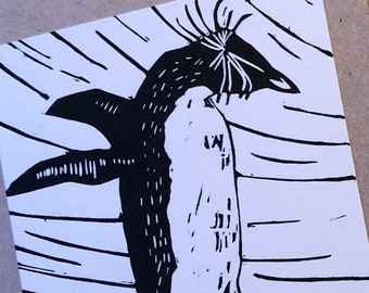 Penguin Card - hand printed - unique design - linocut card - rockhopper penguin lino print- blank greeting card