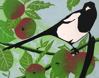 Magpie print - Handprinted, limited edition linocut print