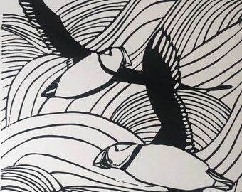 Puffin print - Handprinted, limited edition linocut print - Flying puffin