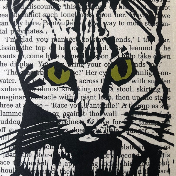 Tarjeta Cat - impresa a mano - diseño único - tarjeta linocut - impresión lino gato - tarjeta de felicitación en blanco