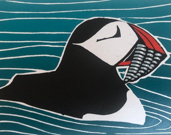 Puffin Card - hand printed - unique design - linocut card - puffin lino print- blank greeting card