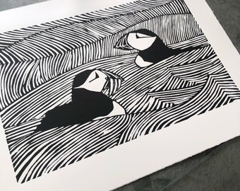 Puffin print - Handprinted, limited edition linocut print - Puffins on the sea print