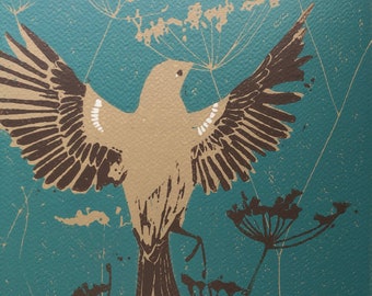 Sparrow print- Handprinted, limited edition linocut print