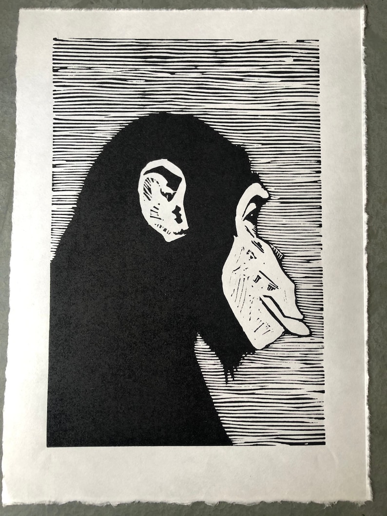 Chimp print Handprinted, hand carved linocut print without crown