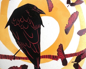Crow print - Handprinted, limited edition linocut print