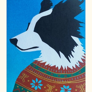 Tarjeta de Border Collie - Tarjeta con estampado de animal en jersey - Impresa a mano - Diseño único - Impresión en linóleo - Tarjeta de felicitación en blanco