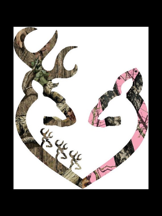 Browning Style Orange Camo Buck and Doe Heart Sticker Decal