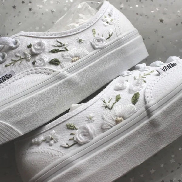 White rose canvas shoe, white flowers on converse, custom wedding vans, custom wedding sneaker, old skool vans, bridal shoes, 2024 wedding