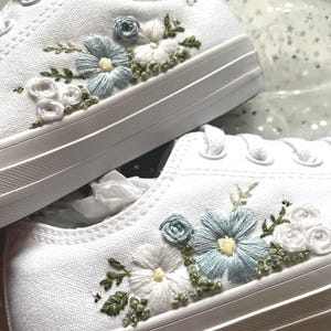 Custom Embroidered Wedding Sneakers: Blue Floral Bridal Shoes
