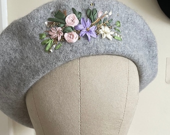 Light grey beret, hand embroidered flowers, silk ribbon flowers, thick wool beret, pastel flower beret, wool mark beret, ready to ship