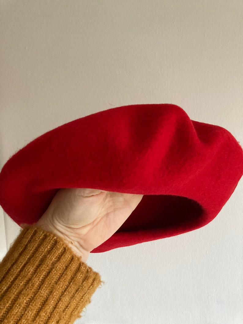 Bright Red Wool Beret Thick and Warm French Style Hat for Winter, thick wool with woolmark image 2