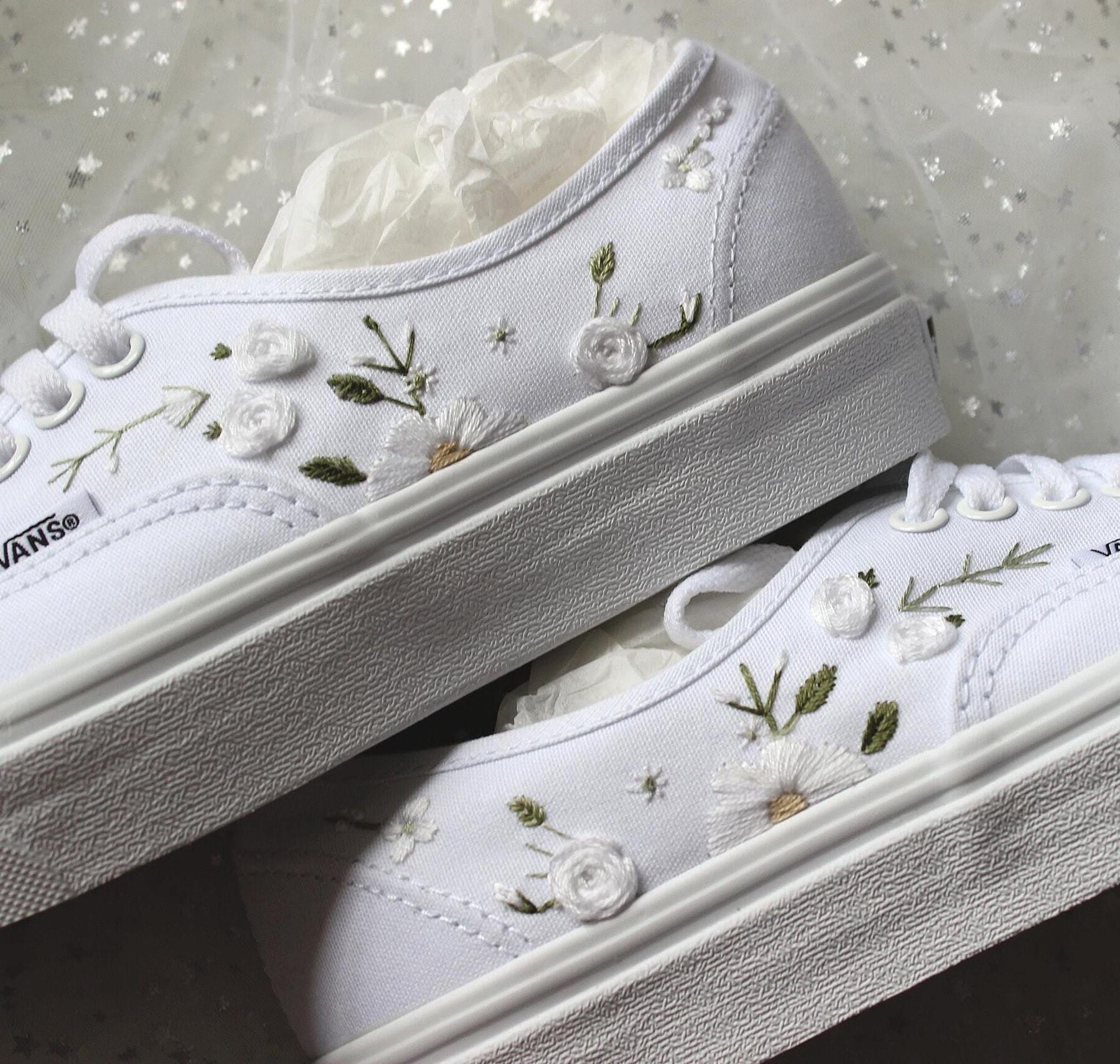Embroidered Bridal Sneakers, White Rose Floral Canvas Trainer
