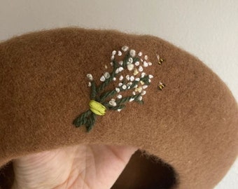 embroidered wool beret, flower, gypsophila flower beret, authentic wool beret, handmade vintage style hat, choose beret colour