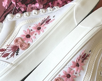 Embroidered Pink Flower Wedding Sneakers: Custom Bridal Shoes