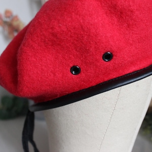 Wool French Beret with Faux Leather Edge - Red Military Style