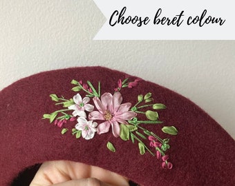 Hand embroidered beret, silk ribbon flowers, 100% wool beret with pure silk, vintage style embroidery | CHOOSE BERET COLOUR