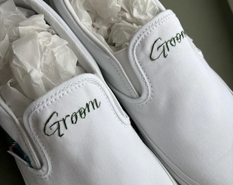 Custom Hand Embroidered Slip-On Shoes, "Groom" Text, Wedding Footwear
