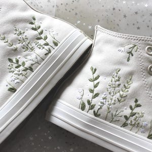 eucalyptus Wedding High Top Sneakers, Eucalyptus & White Flowers on egret cream hi-top converse