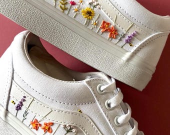 Hand Embroidered Floral Wedding Vans: Custom Silk Bridal Shoes