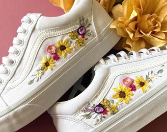 Embroidered Sunflower Wedding Shoes: Custom Hi-Tops with Floral Daisies
