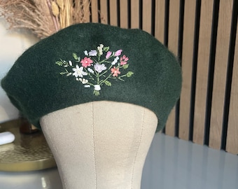 READY TO SHIP, Autumn  wool vintage style on wool beret, hand embroidered wool beret, French beret, 100% wool beret, silk ribbon flowers