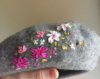 embroidered floral beret, hand embroidered silk flowers, soft wool beret, woolmark beret, choose beret colour