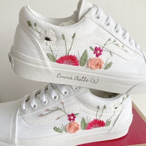 custom wedding shoes, anemone dahlia flowers, custom wedding old skool vans, floral hand embroidered shoes, bridal shoes, 2024 wedding