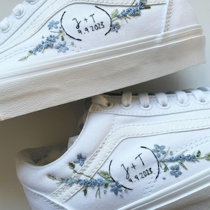 Custom old skool Vans wedding shoes, white canvas, blue embroidery, custom flower shoes, bride casual shoes, something blue shoes
