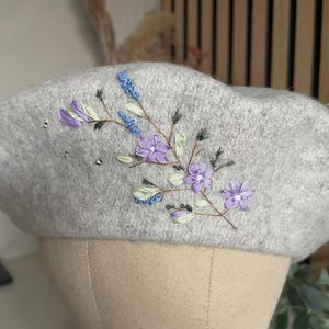 Blue & Lilac Wool Beret: French Vintage Style Silk Ribbon Flowers